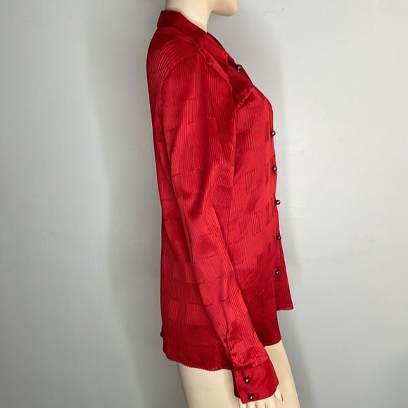 Red Silky Textured Long Sleeve Button Shirt - Picture 13 of 16